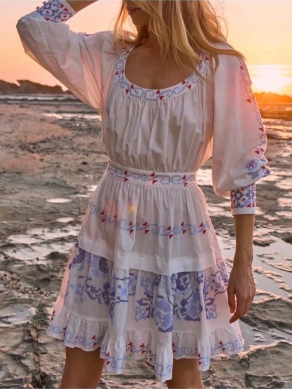 HUNTER BELL White Dress with Blue and Red Embroidery